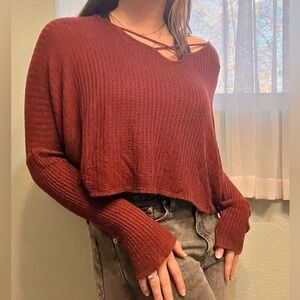 LPA Cropped V-Neck Ribbed Sweater in Burgundy